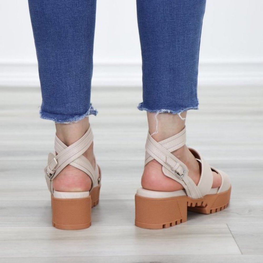Nude Strappy Chunky Heel Sandal Faux Leather - Picture 10 of 12